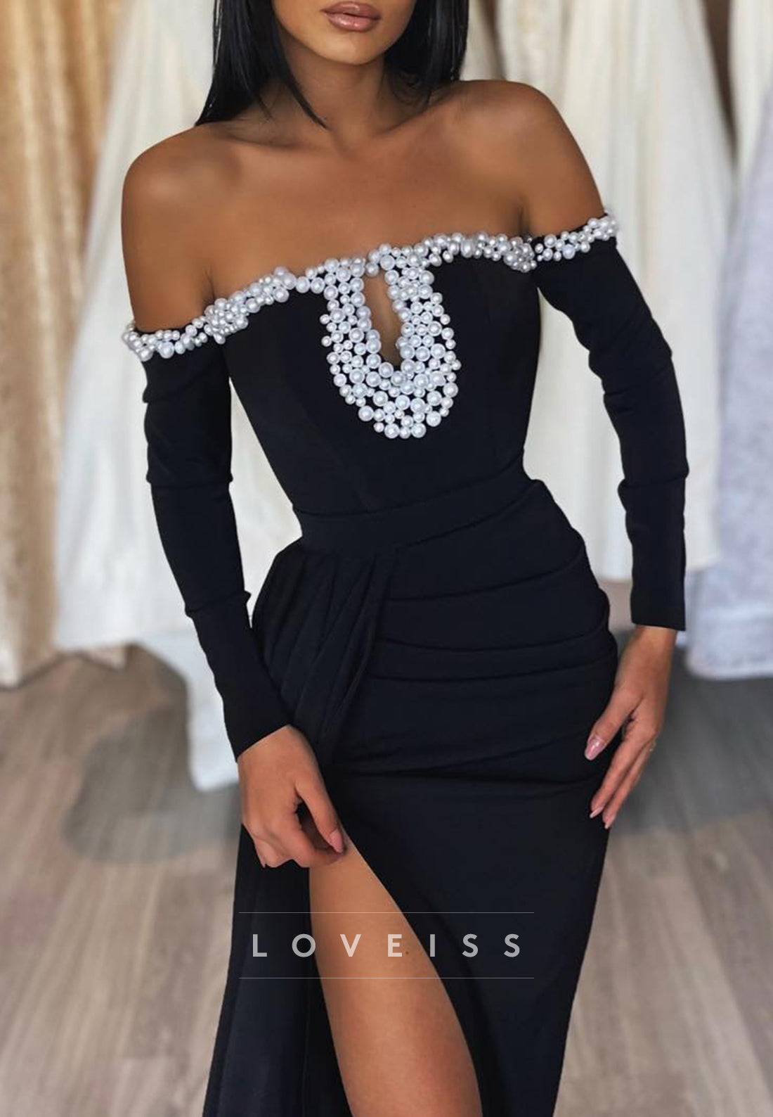 Off-Shoulder Long Sleeves Beaded High Slit Sheath Prom Dress
