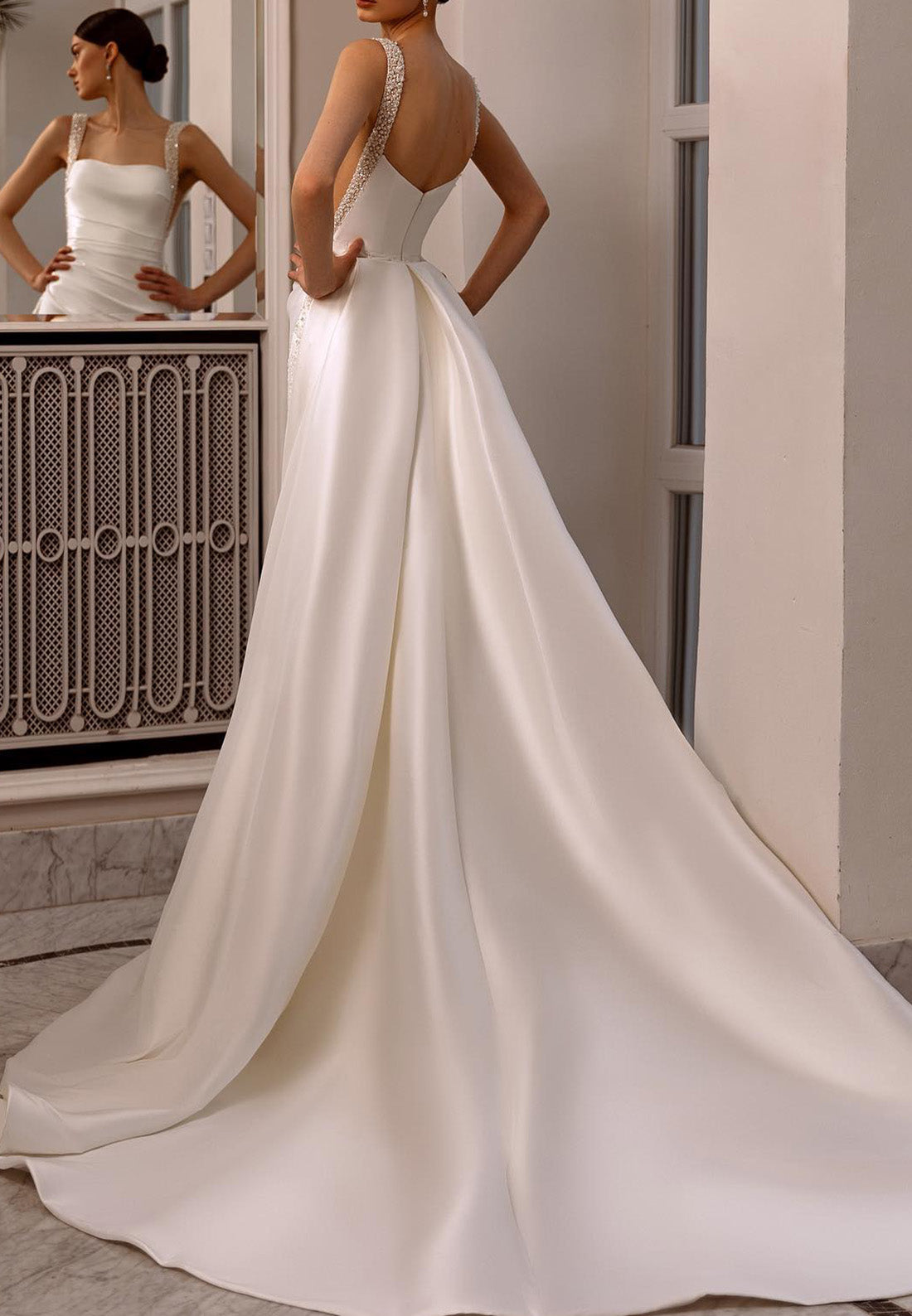 Square Sleeveless Sleek Satin Pleated Sheath Wedding Dress