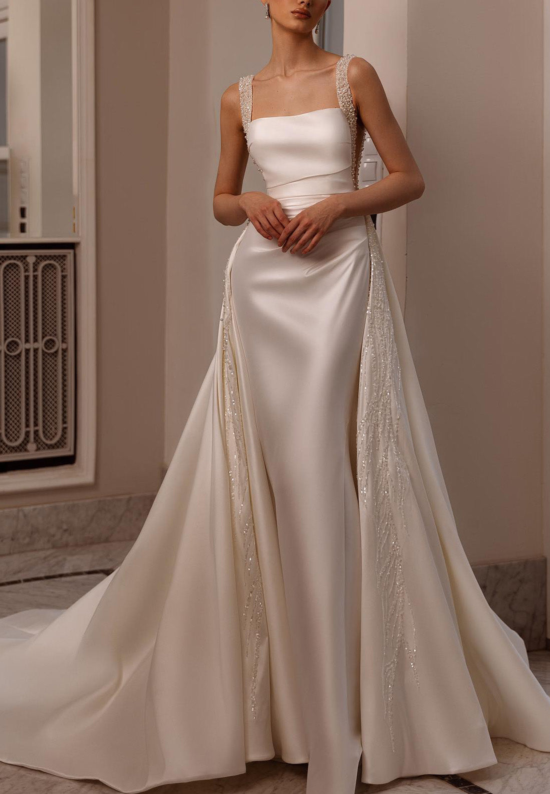 Square Sleeveless Sleek Satin Pleated Sheath Wedding Dress