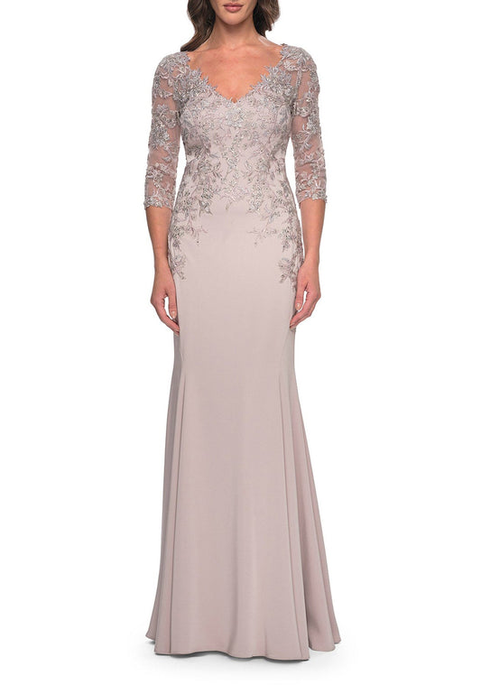 V-Neck Long Sleeves Appliques Sleek Mermaid Mother of Bride Dress