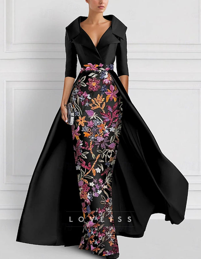Lapel Embroidered Flowers Maxi Dress