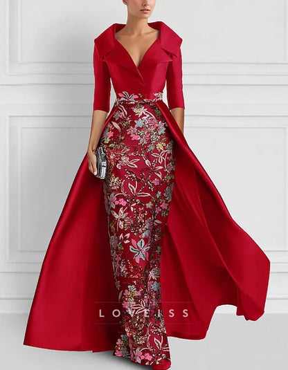 Lapel Embroidered Flowers Maxi Dress