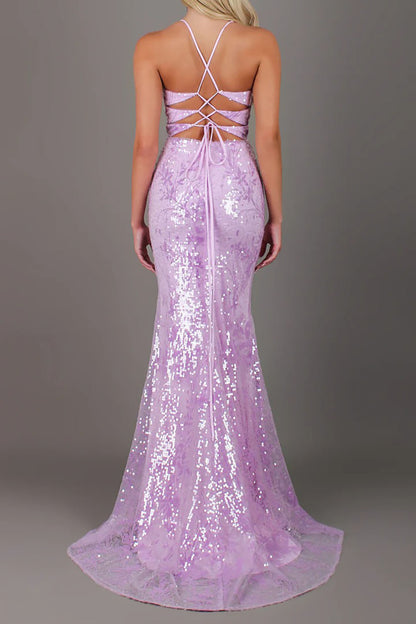 Lavender Purple Sequin Mermaid Long Prom Dress with Lace Appliques