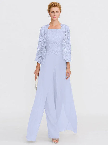 3 Piece Chiffon Square Neck Mother of the Bride Pantsuits with Jacket