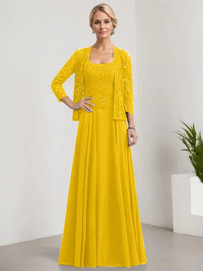 A-line Square Floor-Length Lace Chiffon Mother of the Bride Dress With Sequins