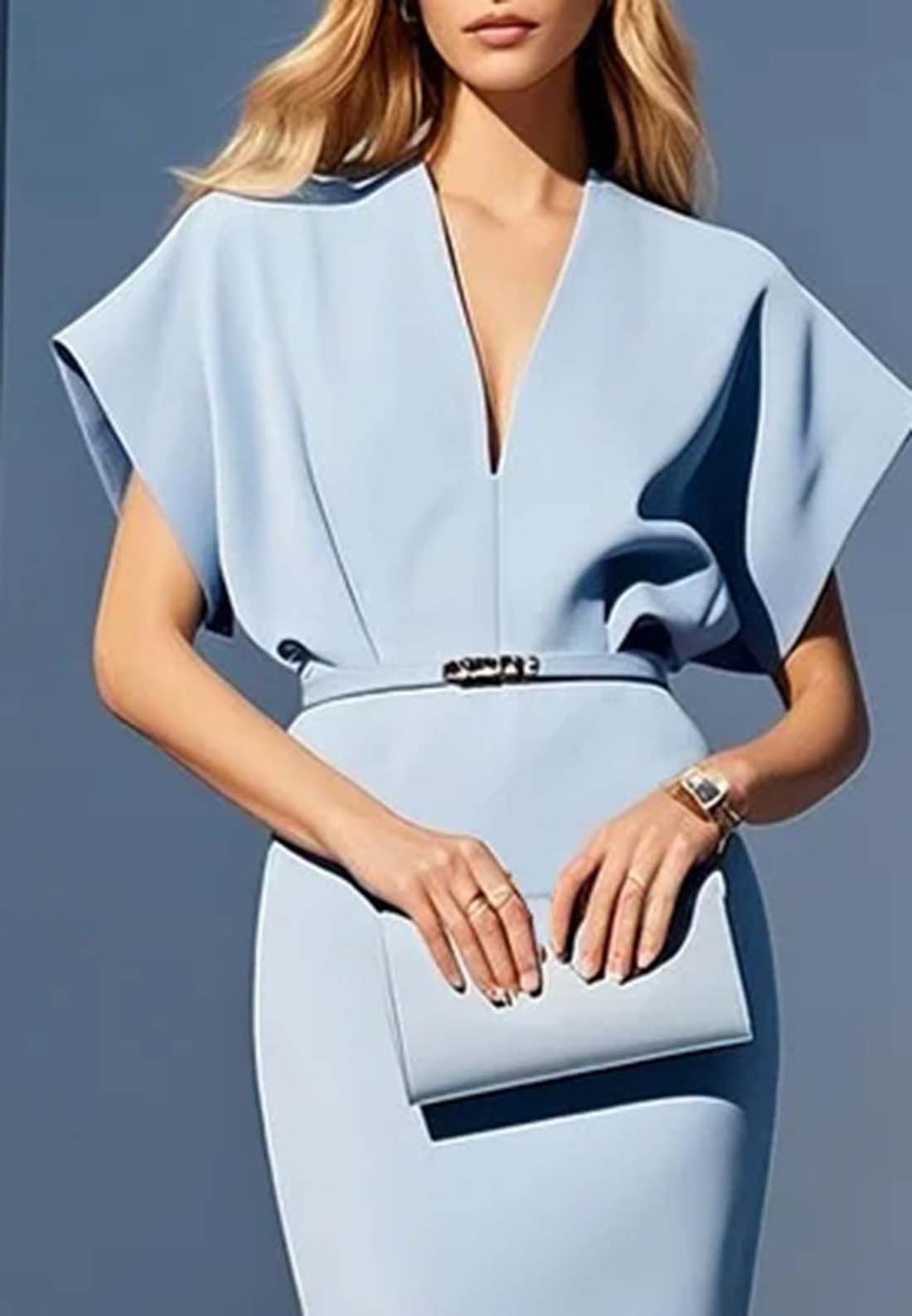 Light Blue Classic V Neck Short Sleeve Dolman Sleeve Sheath Midi Dress