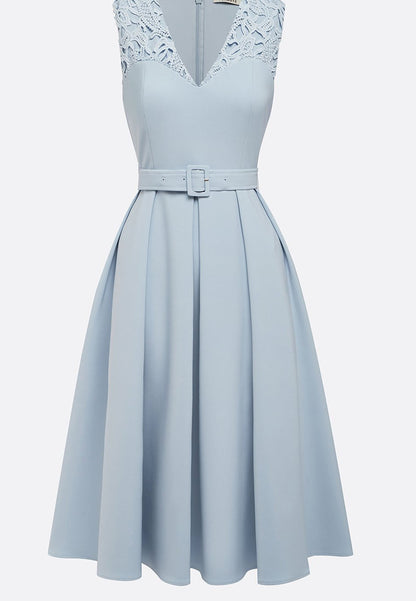 Light Blue Lace V Neck Sleeveless A-Line Midi Dress