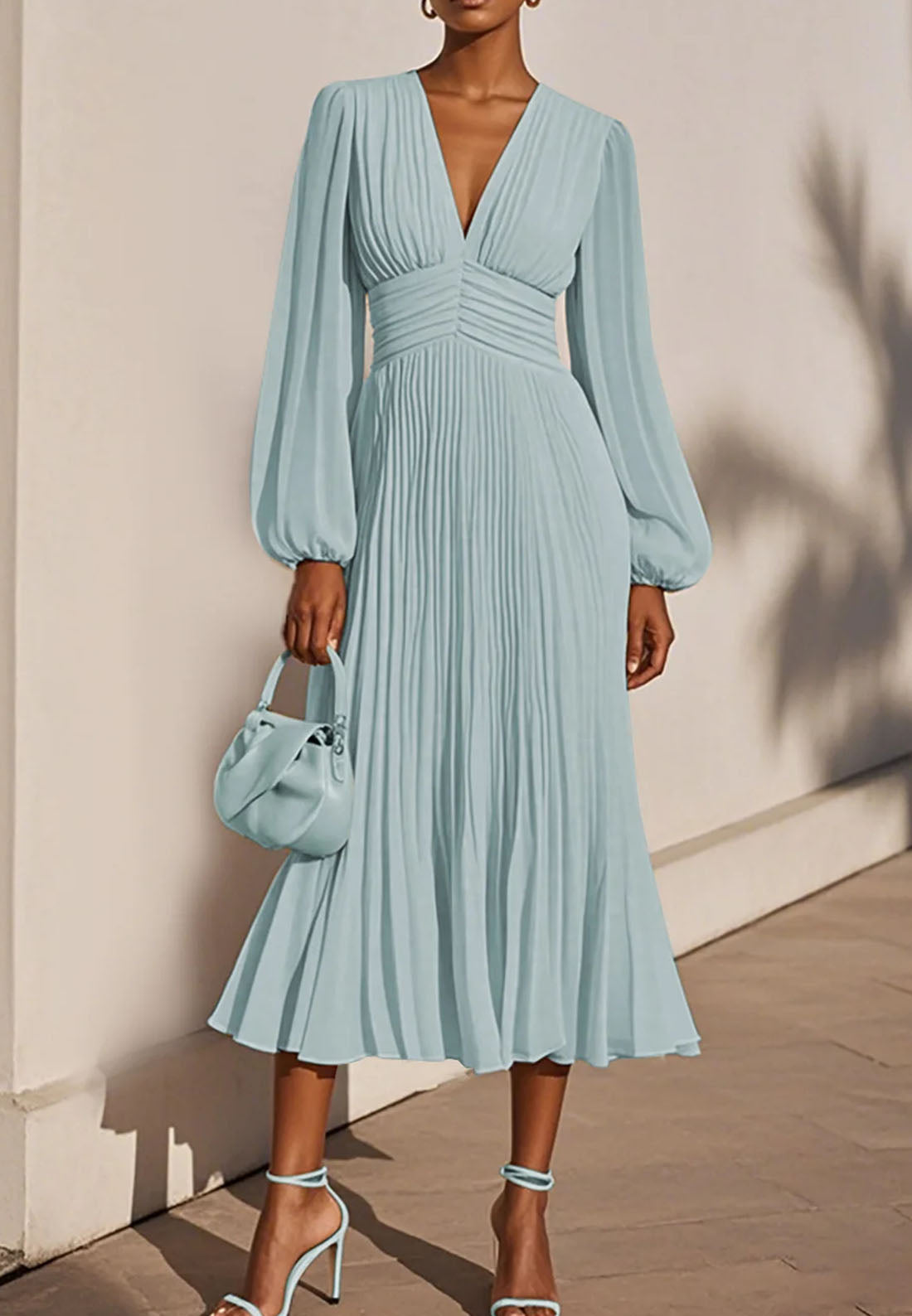 Light Blue Pleated Ruched Balloon Sleeve A-Line Midi Chiffon Dress – Loveiss