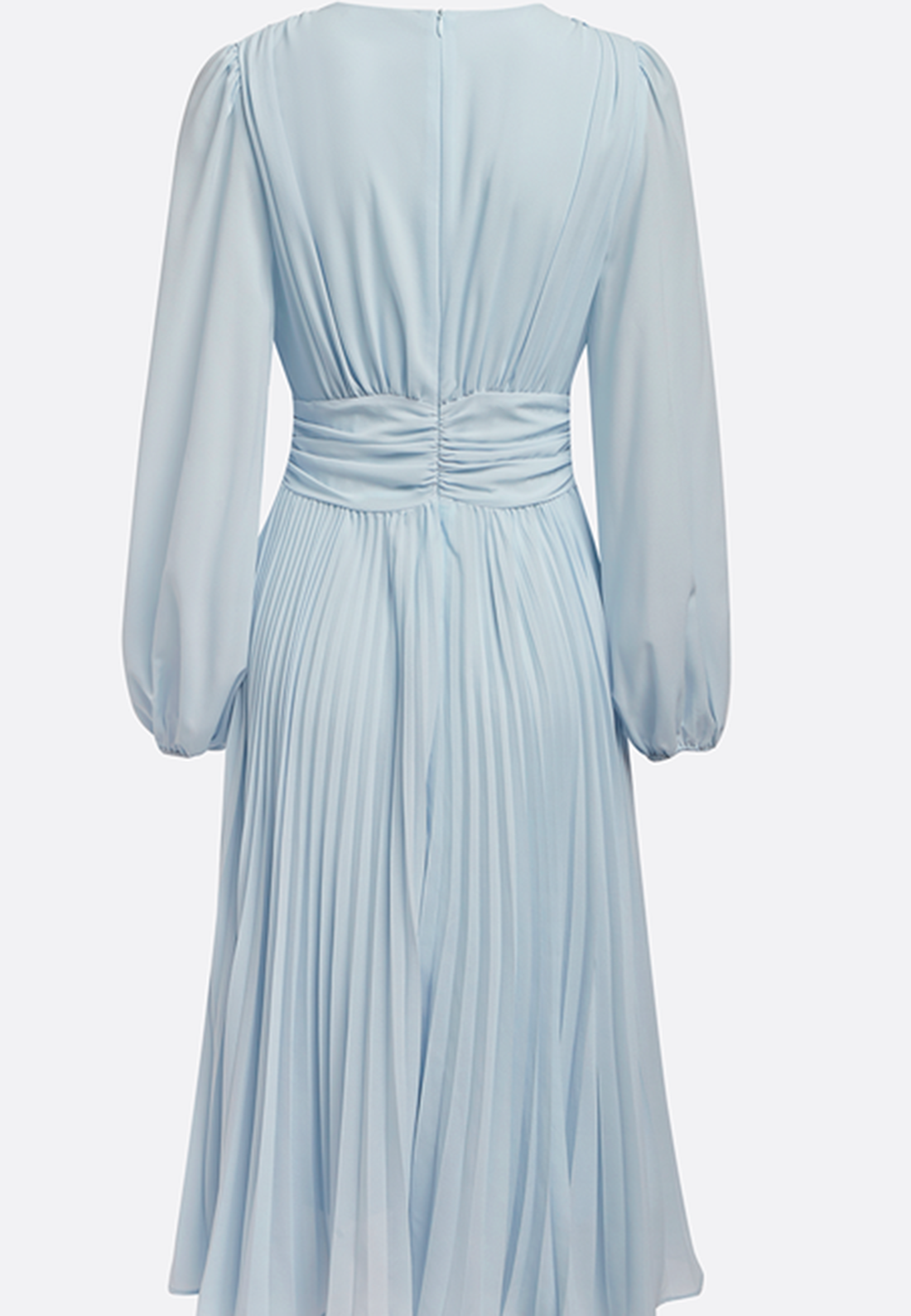 Light Blue Pleated Ruched Balloon Sleeve A-Line Midi Chiffon Dress