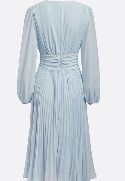 Light Blue Pleated Ruched Balloon Sleeve A-Line Midi Chiffon Dress