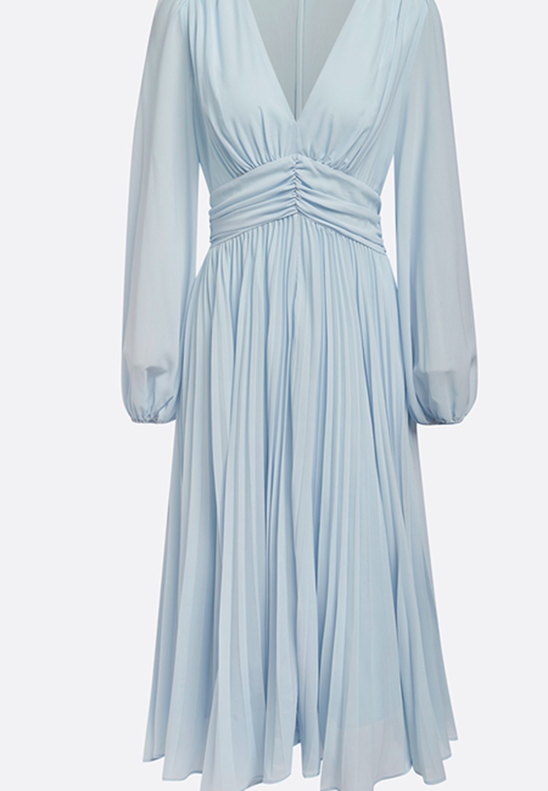 Light Blue Pleated Ruched Balloon Sleeve A-Line Midi Chiffon Dress