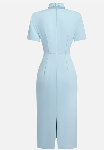 Light Blue Rhinestone Classic Square Neck Short Sleeve Sheath Midi Dress