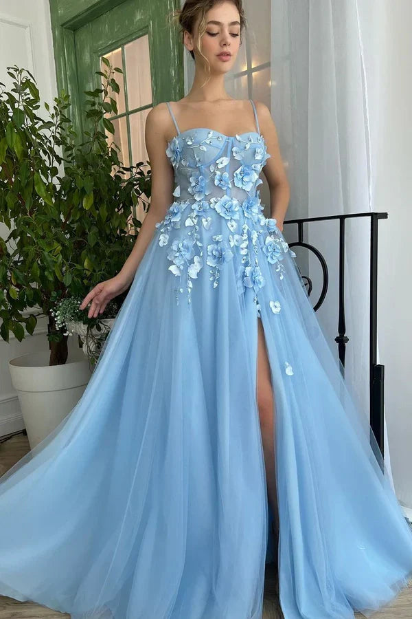 Light Blue Sweetheart Spaghetti Straps 3D Floral A-Line Party Prom Dress