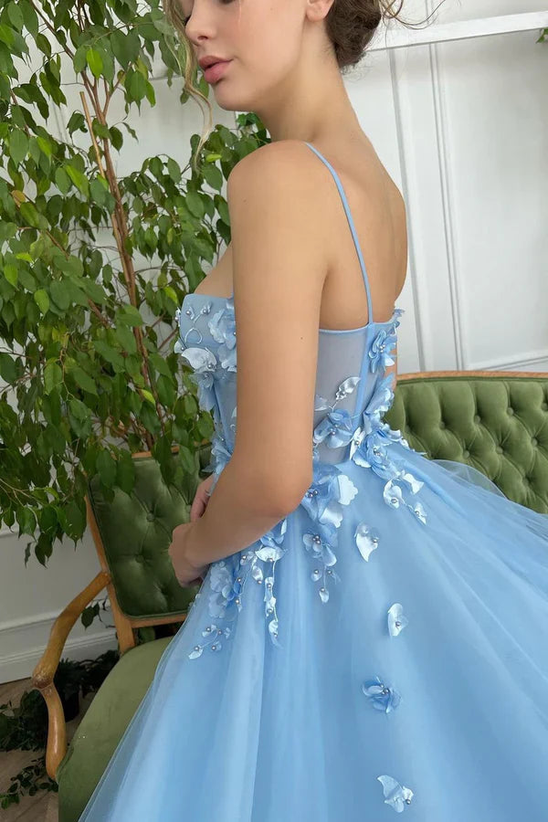 Light Blue Sweetheart Spaghetti Straps 3D Floral A-Line Party Prom Dress