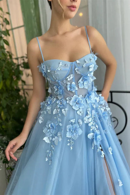 Light Blue Sweetheart Spaghetti Straps 3D Floral A-Line Party Prom Dress