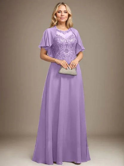 A-line Scoop Illusion Floor-Length Lace Chiffon Mother of the Bride Dress With Sequins