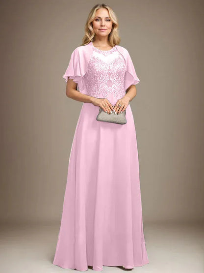 A-line Scoop Illusion Floor-Length Lace Chiffon Mother of the Bride Dress With Sequins
