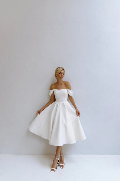 Off-the-Shoulder A-Line Wedding Dress with Bow Satin