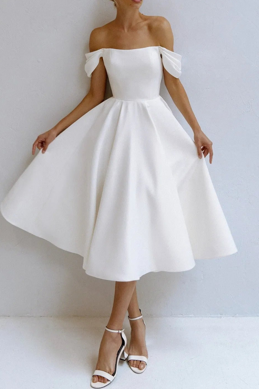 Off-the-Shoulder A-Line Wedding Dress with Bow Satin