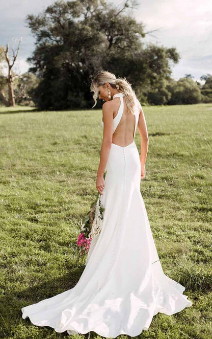 Long Mermaid Satin Minimalist High Neck Beach Wedding Dress