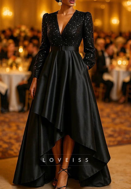 Long Sleeve V Neck Wedding Formal Satin Sequined with Glitter