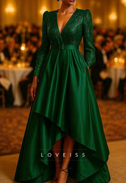 Long Sleeve V Neck Wedding Formal Satin Sequined with Glitter