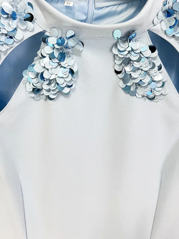 Long Sleeve Big Sequin Detail Maxi Dress Light Blue