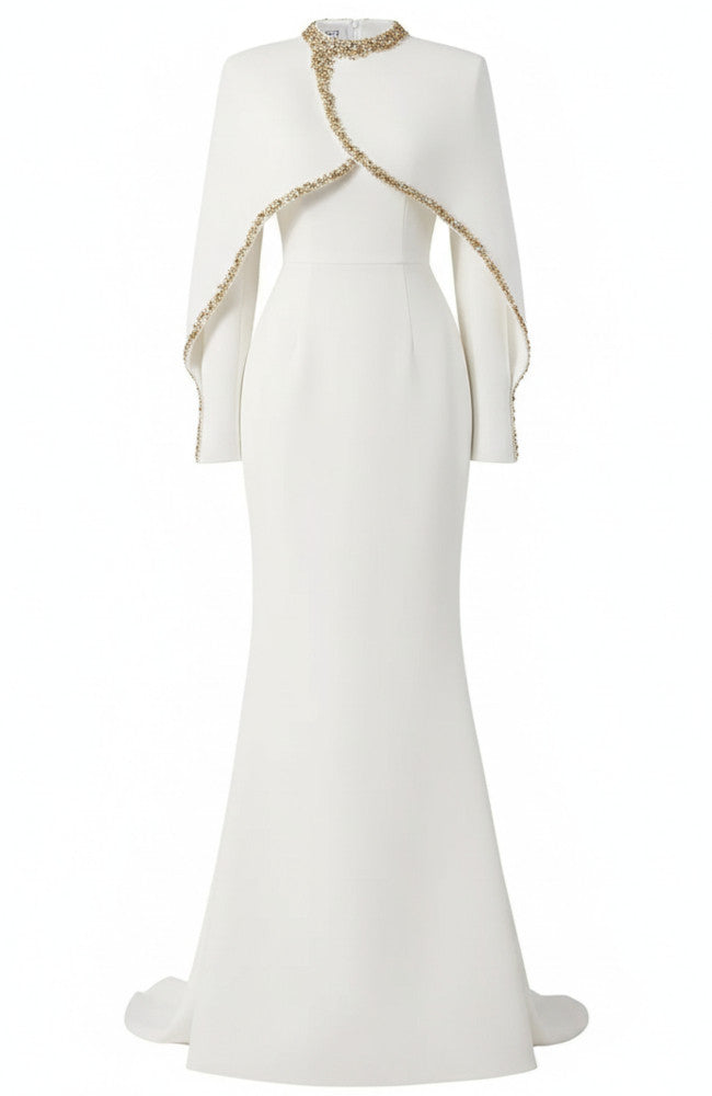 Cape Long Sleeve Embellished Maxi Dress White – Loveiss