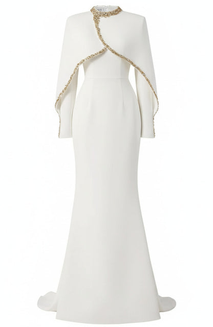 Cape Long Sleeve Embellished Maxi Dress White