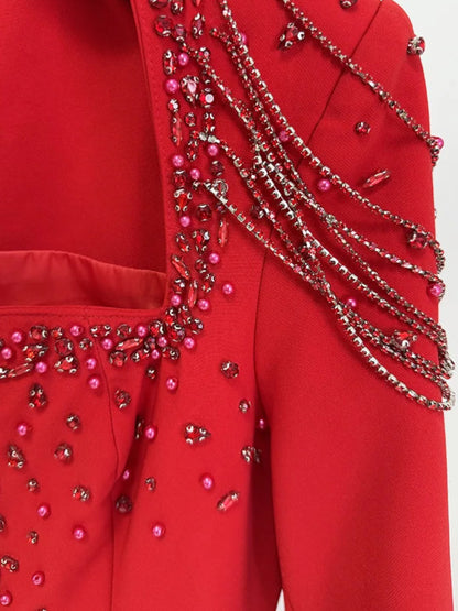 Long Sleeve Embellished Shoulders Maxi Dress Red
