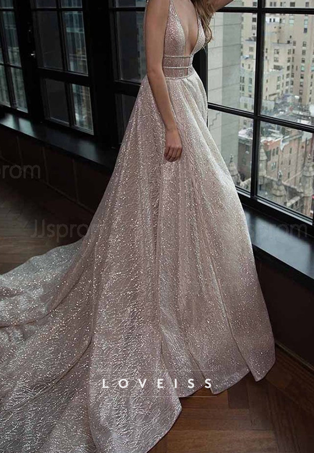 Low V-Neck Beaded Embroidery Sparkly A-Line Evening Dress