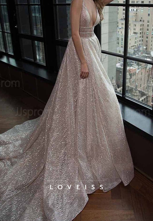 Low V-Neck Beaded Embroidery Sparkly A-Line Evening Dress