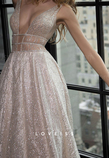 Low V-Neck Beaded Embroidery Sparkly A-Line Evening Dress