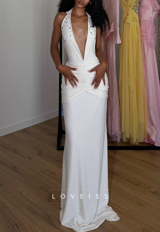 Low V-Neck Halter Backless Pleated Mermaid Evening Dress