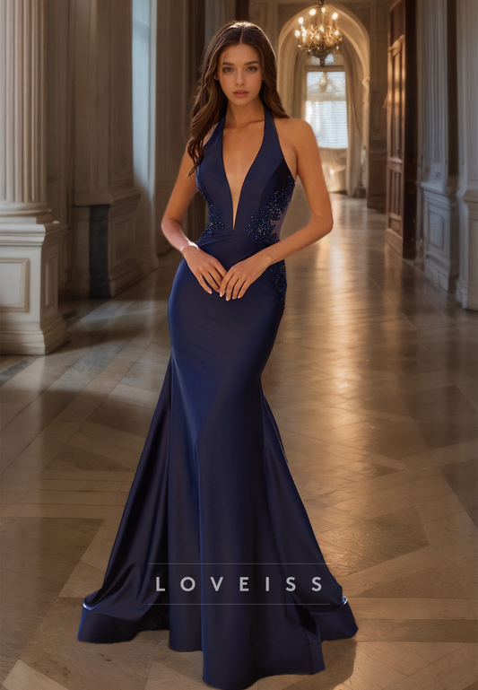 Low V-Neck Sleeveless Appliques Sleek Mermaid Prom Dress