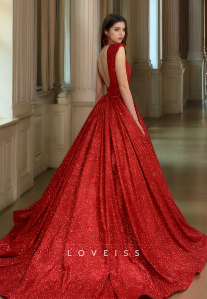 Low V-Neck Sleeveless Pleated Sparkly Ball Gown Prom Dress