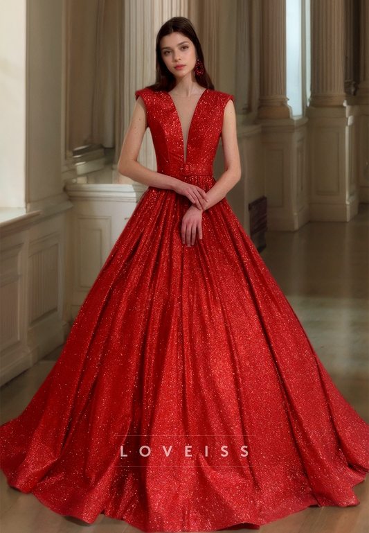 Low V-Neck Sleeveless Pleated Sparkly Ball Gown Prom Dress