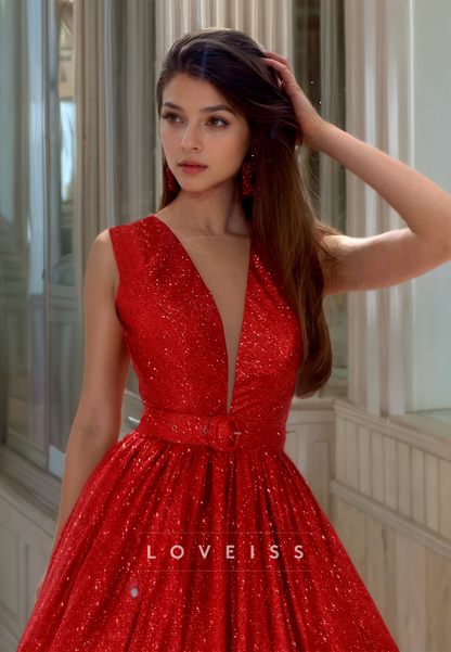 Low V-Neck Sleeveless Pleated Sparkly Ball Gown Prom Dress