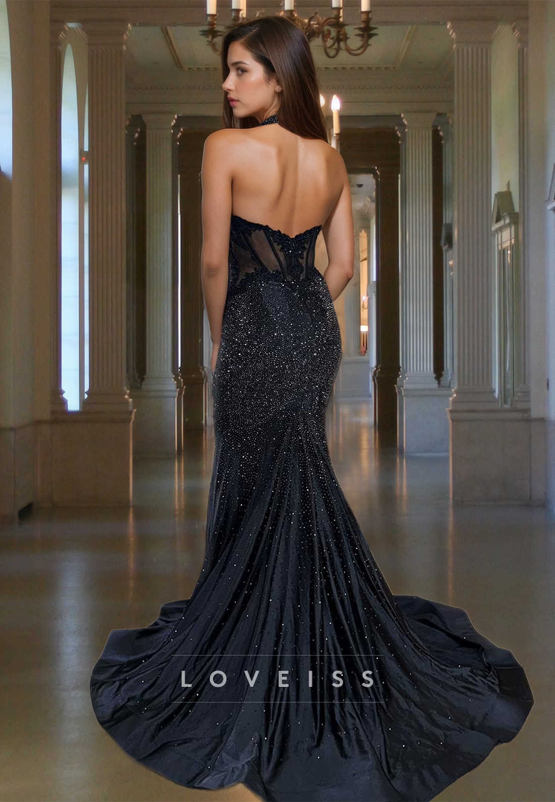 Low V-Neck Sleeveless Sequins Sheer Appliques Mermaid Evening Dress