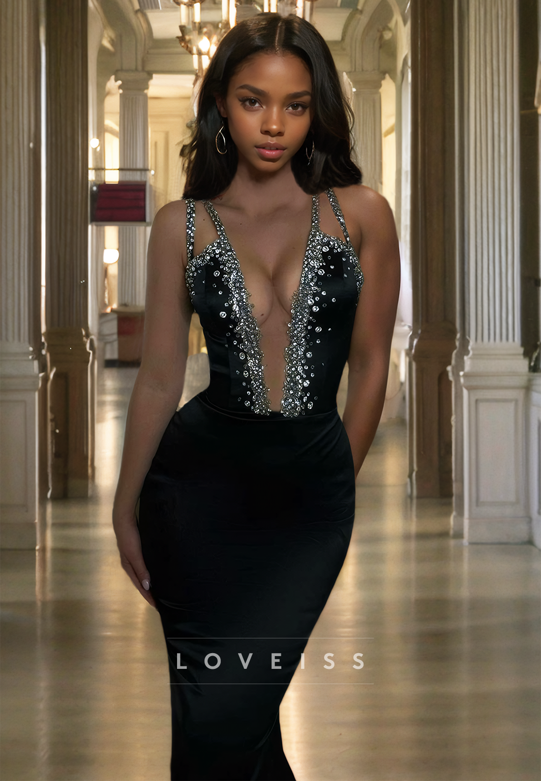 Low V-Neck Straps Beaded Sparkly Sleek Mermaid Sexy Prom Dress