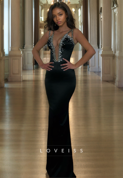 Low V-Neck Straps Beaded Sparkly Sleek Mermaid Sexy Prom Dress