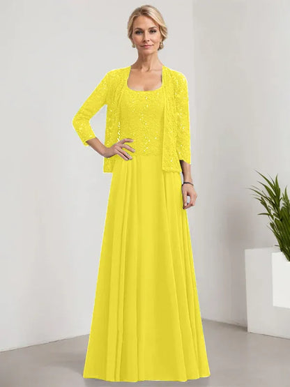 A-line Square Floor-Length Lace Chiffon Mother of the Bride Dress With Sequins