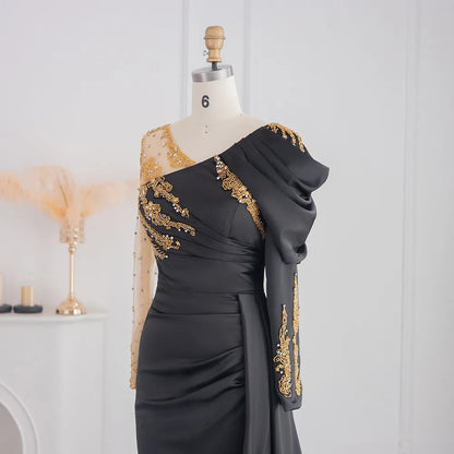 Luxury Black Satin Mermaid Arabic Evening Dress for Women's Wedding: Beaded Overskirt Elegant Formal Party Gown
