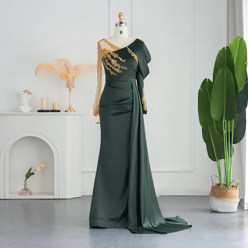 Luxury Black Satin Mermaid Arabic Evening Dress for Women's Wedding: Beaded Overskirt Elegant Formal Party Gown