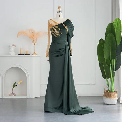 Luxury Black Satin Mermaid Arabic Evening Dress for Women's Wedding: Beaded Overskirt Elegant Formal Party Gown