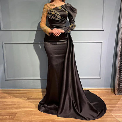 Luxury Black Satin Mermaid Arabic Evening Dress for Women's Wedding: Beaded Overskirt Elegant Formal Party Gown