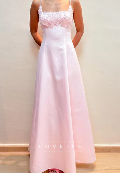 Pink Spaghetti Straps Appliques Empire-Waist Satin Prom Dress