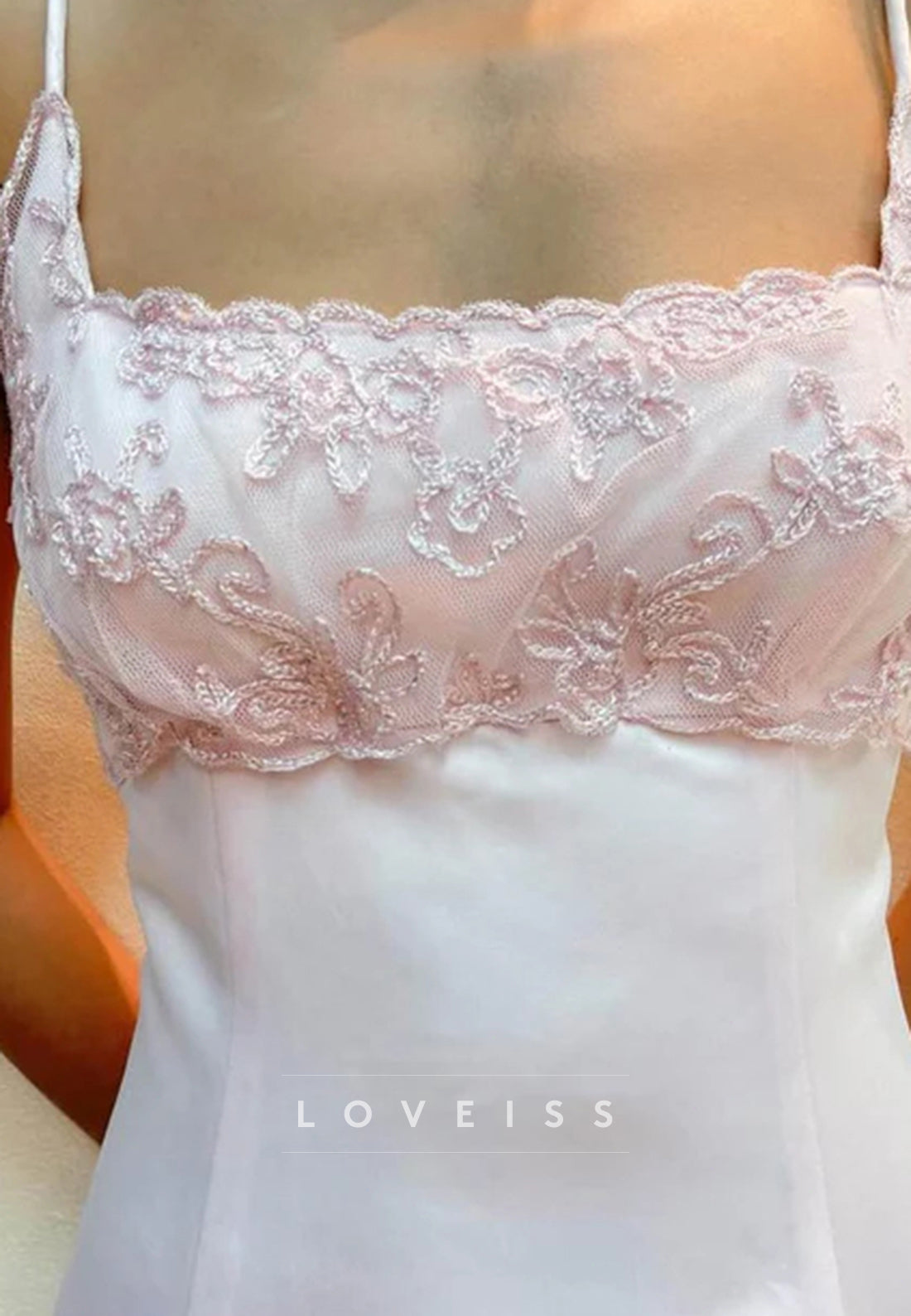 Pink Spaghetti Straps Appliques Empire-Waist Satin Prom Dress