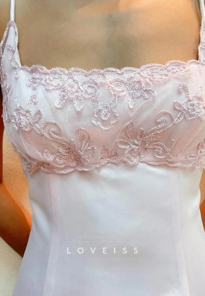 Pink Spaghetti Straps Appliques Empire-Waist Satin Prom Dress