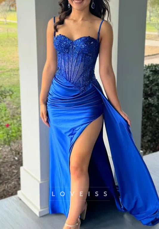 Spaghetti Straps Sweetheart Appliques Pleated Prom Dress with Side Slit